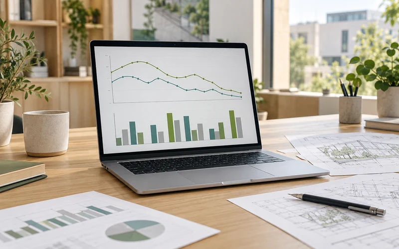 Ordenador portátil con gráficos ilustrativos de consumo sobre una mesa con documentación técnica.