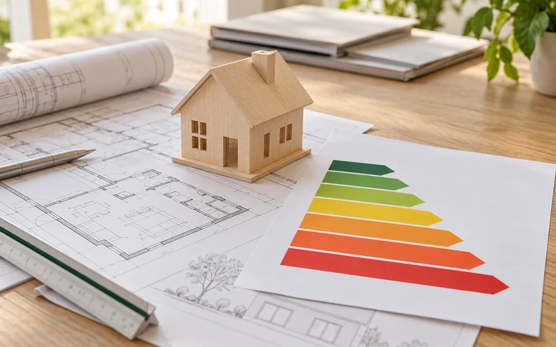 Maqueta de una vivienda sobre planos junto a una escala energética ilustrativa.