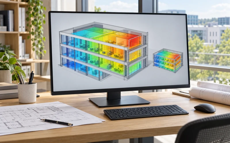 Pantalla con un modelo tridimensional de un edificio y zonas térmicas representadas mediante colores.